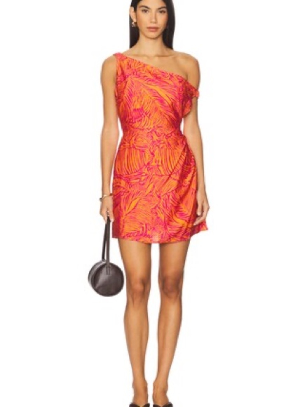 Seven Wonders Revolve One-Shoulder Tropical Print Mini Dress in Orange/Hot Pink